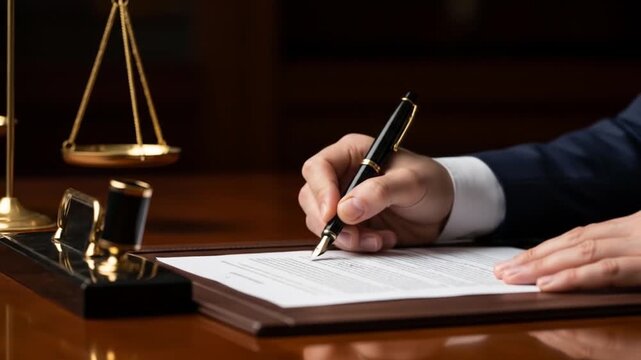 Signing Legal Documents: Close-Up of Hand with Pen, Scales of Justice in Background