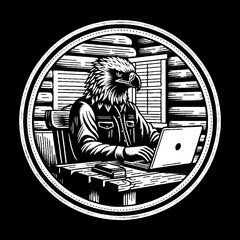 Eagle working on laptop inside a wooden cabin.