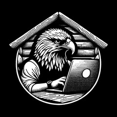Eagle working on laptop inside wooden house.