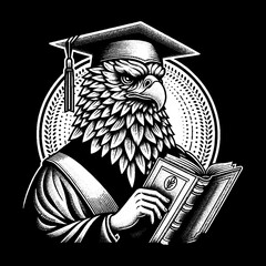 Wise Eagle in Academic Attire Reading a Book.