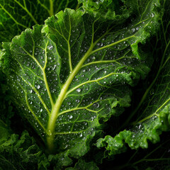 Fresh Curly Kale Leaves with Morning Dew - Vibrant Emerald Green Organic Vegetable Close-Up
