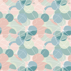 Abstract seamless pattern with pastel colored circles and lines on a light background for design.