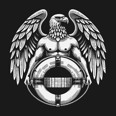 Eagle Human Hybrid Holding Life Preserver Symbol.