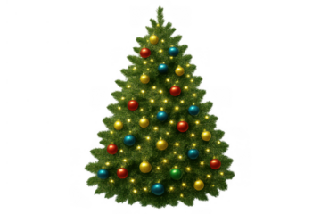 Christmas tree decorating festive season with colorful ornament bulbs and glowing lights, transparent background