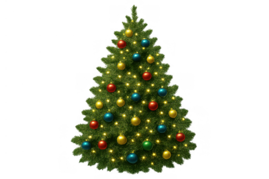 Christmas tree decorating festive season with colorful ornament bulbs and glowing lights, transparent background