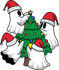 Ghosts Decorating Christmas Tree Illustration