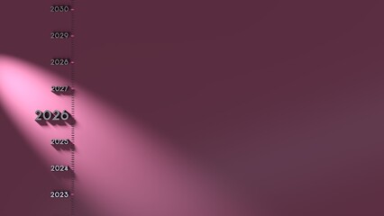 Text 2026 in a timeline illuminated by a spotlight - 3D rendering