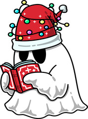 Christmas Groovy Ghost Wearing Santa Hat Reading Book Illustration