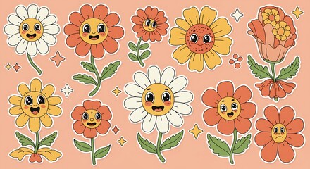 Retro Groovy Flower Illustrations with Smiling Faces, A Whimsical Collection of 70s-Inspired Floral Art