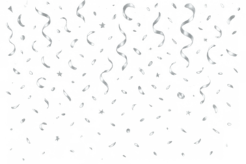 Silver confetti and curling ribbons falling on a transparent background, celebrating party and festive moments