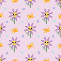 Purple flowers with butterfly seamless pattern. Vector Illustration for printing, backgrounds, covers and packaging. Image can be used for cards, posters and textile. Isolated on pink background.
