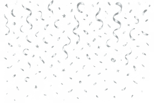 Silver confetti and curling ribbons falling on a transparent background, celebrating party and festive moments