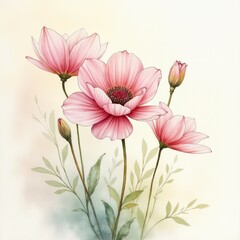 Obraz premium Delicate drawing of pink flowers with soft green leaves, showcasing natural beauty and elegance
