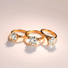 Three Gold Engagement Rings with Large Diamonds – Elegant Wedding Jewelry Closeup