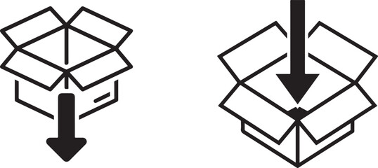 Black and White Outline Icons of Open Boxes with Down Arrows