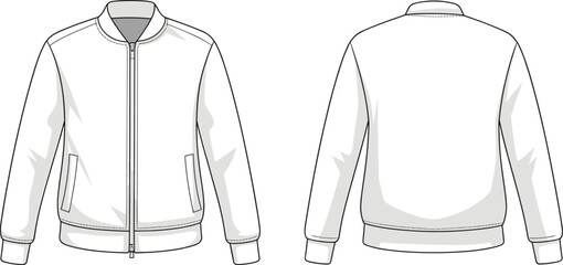 Vector fashion technical drawing of zip up bomber jacket front and back view, ribbed cuffs waistband collar, apparel flat sketch template clothing design illustration