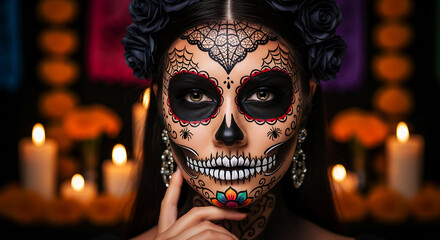 Day of the dead face paint candles and a beautiful woman s portrait