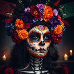 Dia de los Muertos portrait a woman with intricate skull makeup and flowers