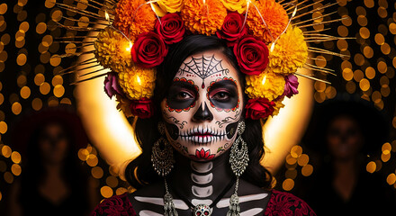 Dia de los muertos portrait of a woman with skull makeup and flowers