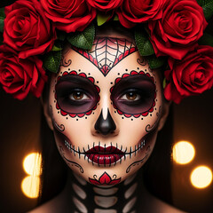 A striking closeup portrait of a face adorned with dia de los muertos makeup