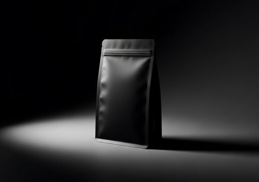 Matte black standing pouch on dark background, dramatic spotlight studio photography for luxury packaging visuals