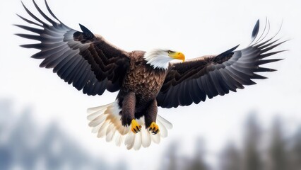 Obraz premium Majestic Bald Eagle in Flight with Wings Spread Against a Bright Sky.