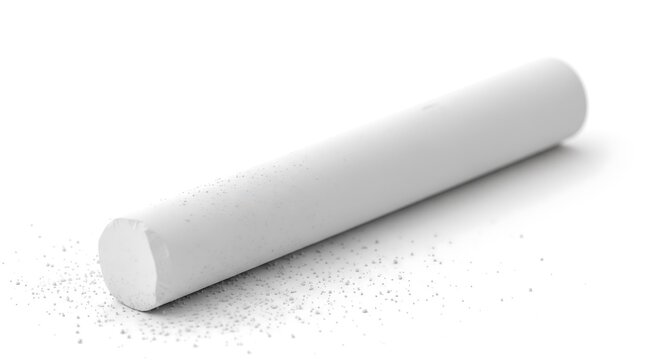 A single white chalk stick rests diagonally on a white surface, surrounded by a dusting of chalk powder. - Powered by Adobe