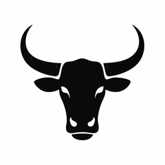 Naklejka premium Flat black silhouette vector of a bull head with long horns, clean edges, solid fill, white background, strong minimalist look