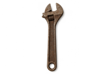 Rusty old adjustable wrench isolated. Metal hand tool for repairs and maintenance on transparent background