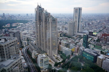 曇天の夕暮れ時に高層ビル群を見下ろす形で広範囲に撮影した東京の都会の景観です。複雑な形状のビルが立ち並び都市のスケール感が伝わってきます。