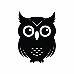 Fototapeta premium Single black vector silhouette of an owl head with expressive eyes outline, feather details simplified, isolated on white background