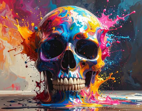 Vibrant Abstract Skull with Paint Explosions