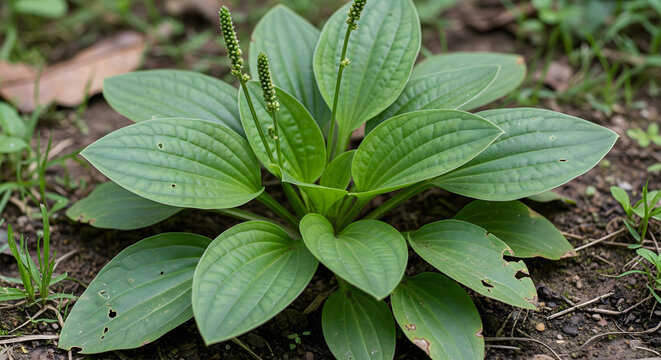 Medicinal Plant Plantago major in the Garden