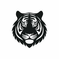 Single vector black silhouette of a tiger head with detailed stripes shape, clean white background, elegant and strong animal logo style