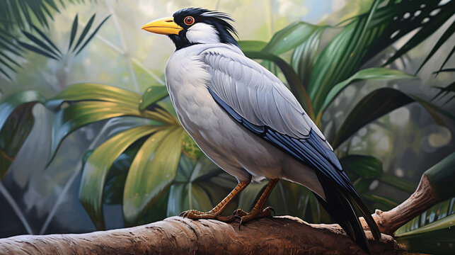 exotic myna bird perched on jungle branch