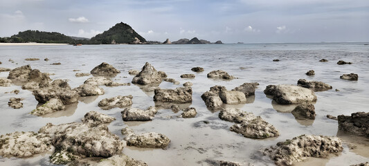 Panoramic low tide beach scene with unique geological rock formations. Calm ocean meets distant hills under a cloudy sky, capturing tranquil coastal nature