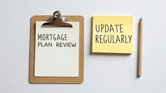 Mortgage Plan Review on Clipboard with Sticky Note Reminders for Regular Updates and a Pencil on Light Background