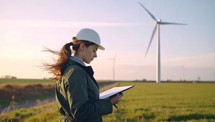 Environmental Engineer Recording Notes Beside Wind Turbine in Rural Field