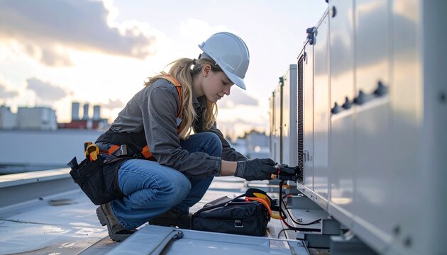 HVAC Field Technician Calibrating Gauges on Rooftop Unit Under Cloudy Sky