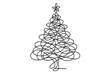 Christmas tree scribble drawing with line art and star on transparent background, holiday celebration concept