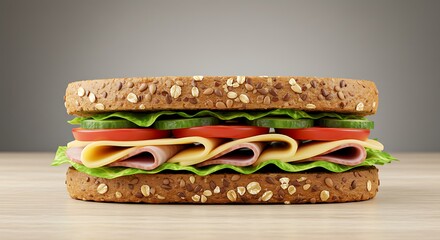 Delicious Sandwich A Fresh and Flavorful Meal with Lettuce, Tomatoes, Cheese, and Ham, on Wooden Table