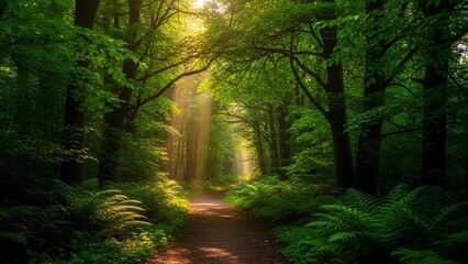 Fototapeta premium Sunlight Filtering Through Green Forest Trees on a Path in Nature