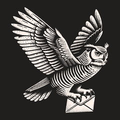 Fototapeta premium Owl Delivering Letter Illustration in Black and White.