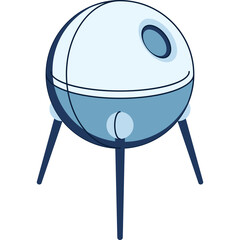 A Round Blue And White Space Pod With Three Dark Blue Legs On A White Background With Pixel Art Style