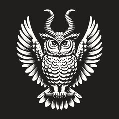 Obraz premium Mystical Owl with Horns and Wings on Black Background.