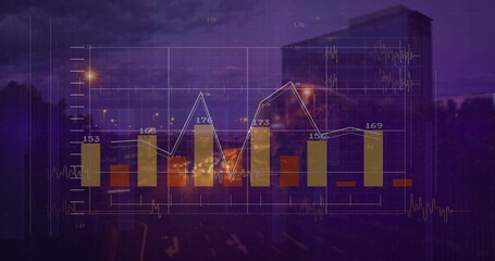 Displaying financial data overlaying street at dusk, featuring bar chart, line graph and gridlines