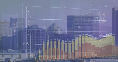 Overlaying multi-colored bar charts across downtown skyline, with gridlines and numerical labels