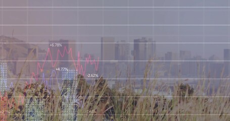 Showing financial chart overlaying dunes and city skyline, with colored trend lines and percentages