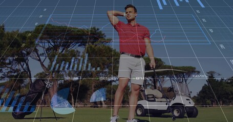 Shielding eyes golfer holding club on fairway wearing red polo, with golf bag, cart, chart overlay