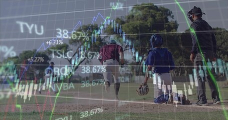 Sprinting baseball runner in burgundy uniform toward home plate at diamond with stock chart overlay
